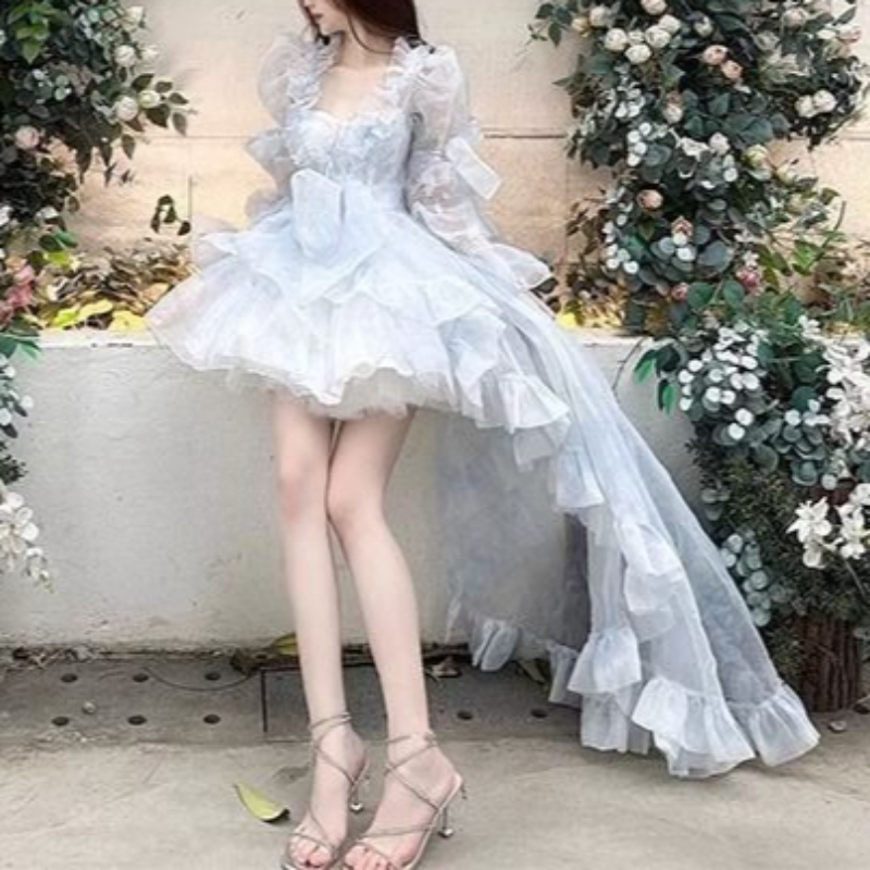 Women Formal Wear For Graduation - スイートロリータフレンチパフスリーブレースボウラッフルティアードハイローヘムチュールドレス女性女の子卒業パーティーイブニングフォーマルウェア