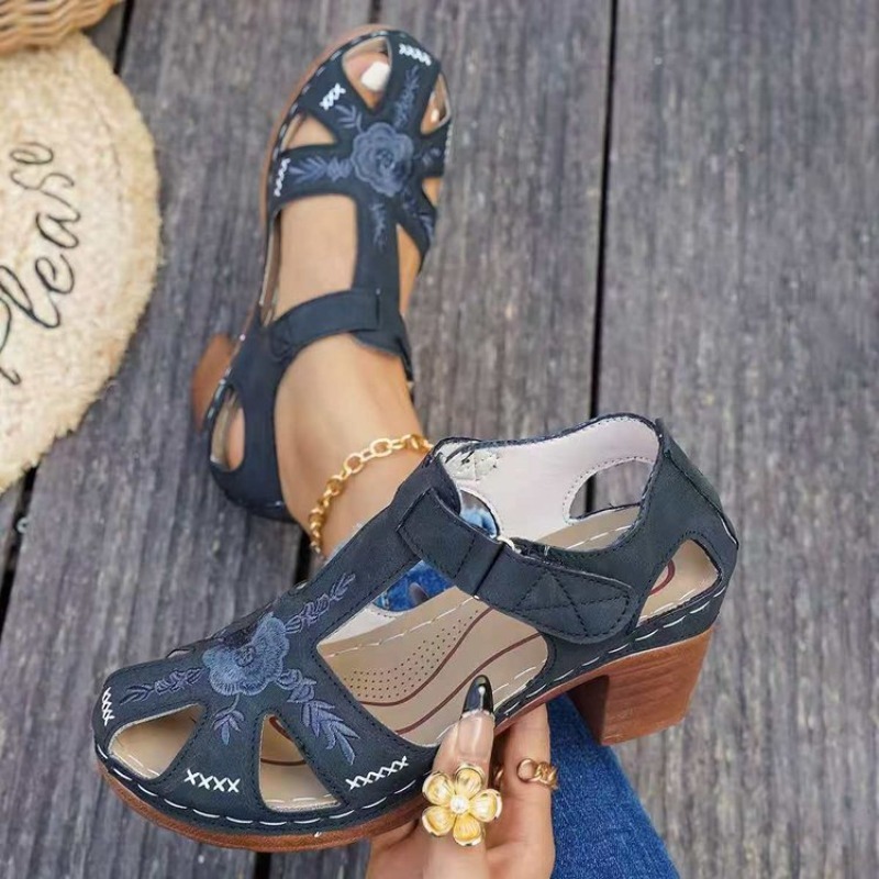 Formal Women Daily Wear Footwear - 女性用サンダル ミッドブロックヒール 花柄刺繍 カットアウト オープントゥ 調節可能なストラップ