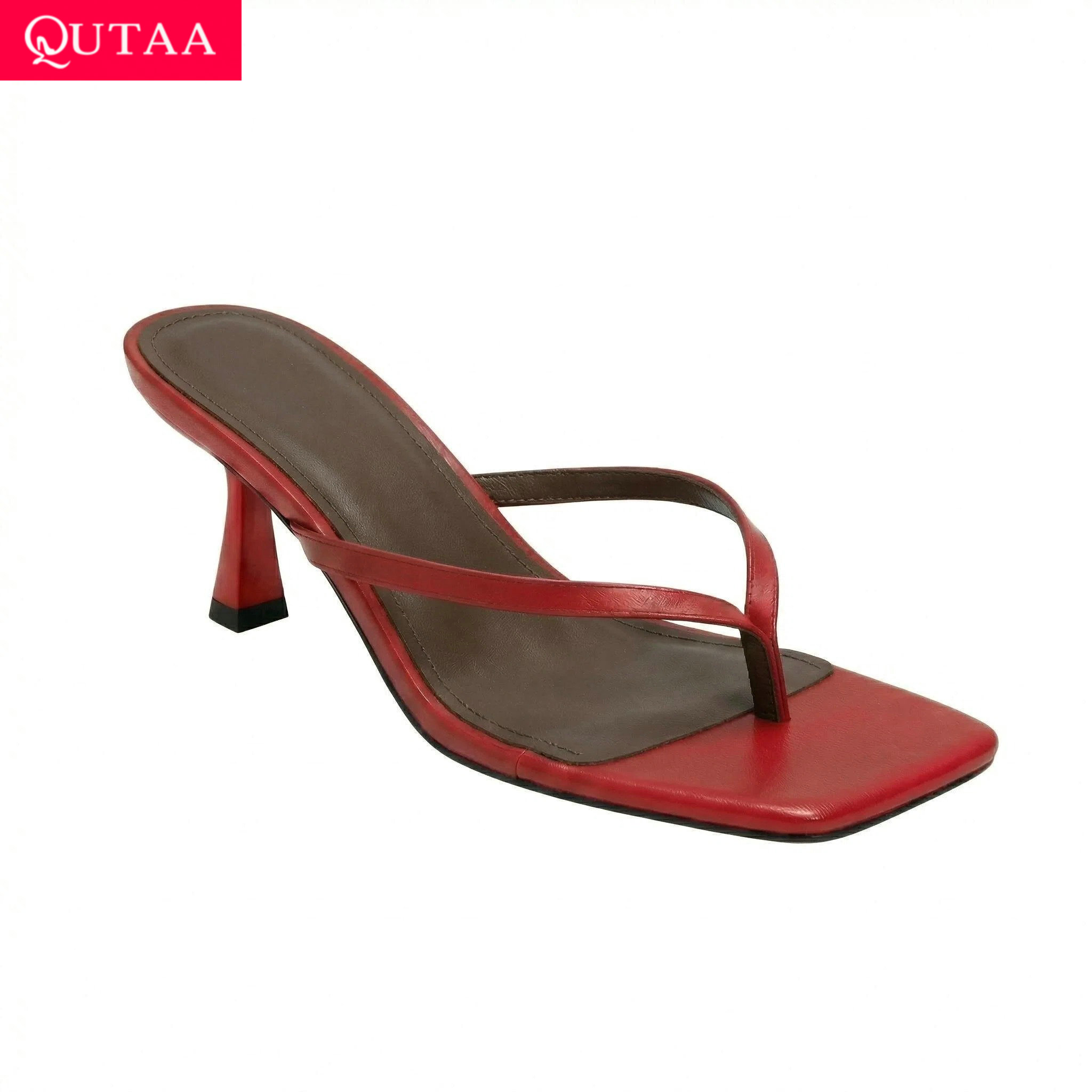 Kitten Heel Women - QUTAA ニュースファッションフリップフロップ女性の夏のサンダル靴ハイヒールレザースクエアトゥスリングバックサンダルカジュアルシューズドレス 34-43