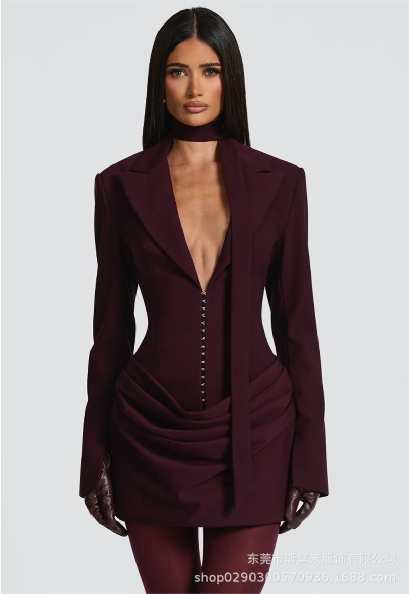 Women Formal Wear Coat - ロングスカーフ付きレディーススーツ、ワンピースブレザー、バックストライプ、セクシーなVネック、フリル付きショートミニパーティガウン、フォーマルオフィスレディジャケットコート