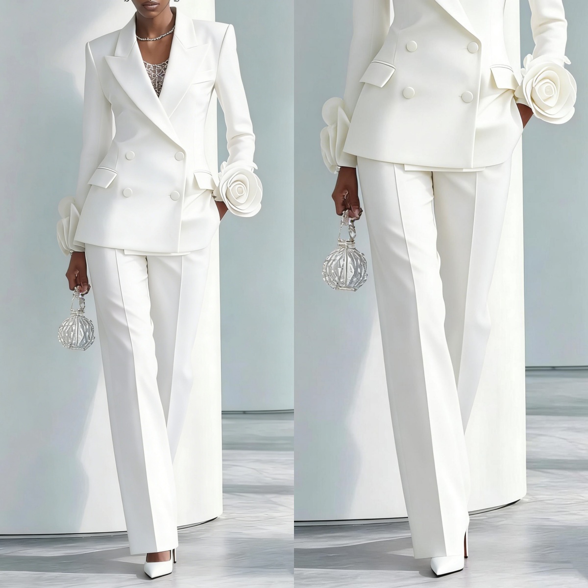 Women Formal Wear For Graduation - 2 ピース白い花柄女性パンツスーツ長袖カスタマイズされたフォーマルレディウェアゲストパーティーブレザー卒業式