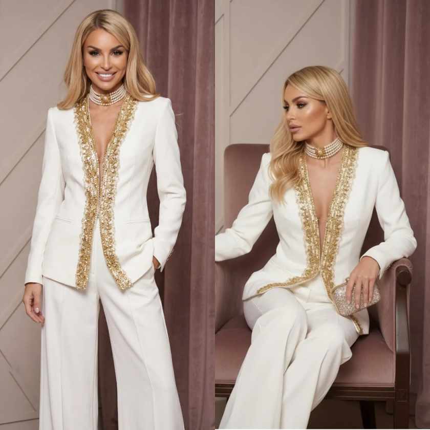 Women Formal Wear For Graduation - 2 ピース女性パンツスーツファッションショーゴールドビーズカスタマイズされたフォーマルレディウェアゲストパーティーブレザー卒業式