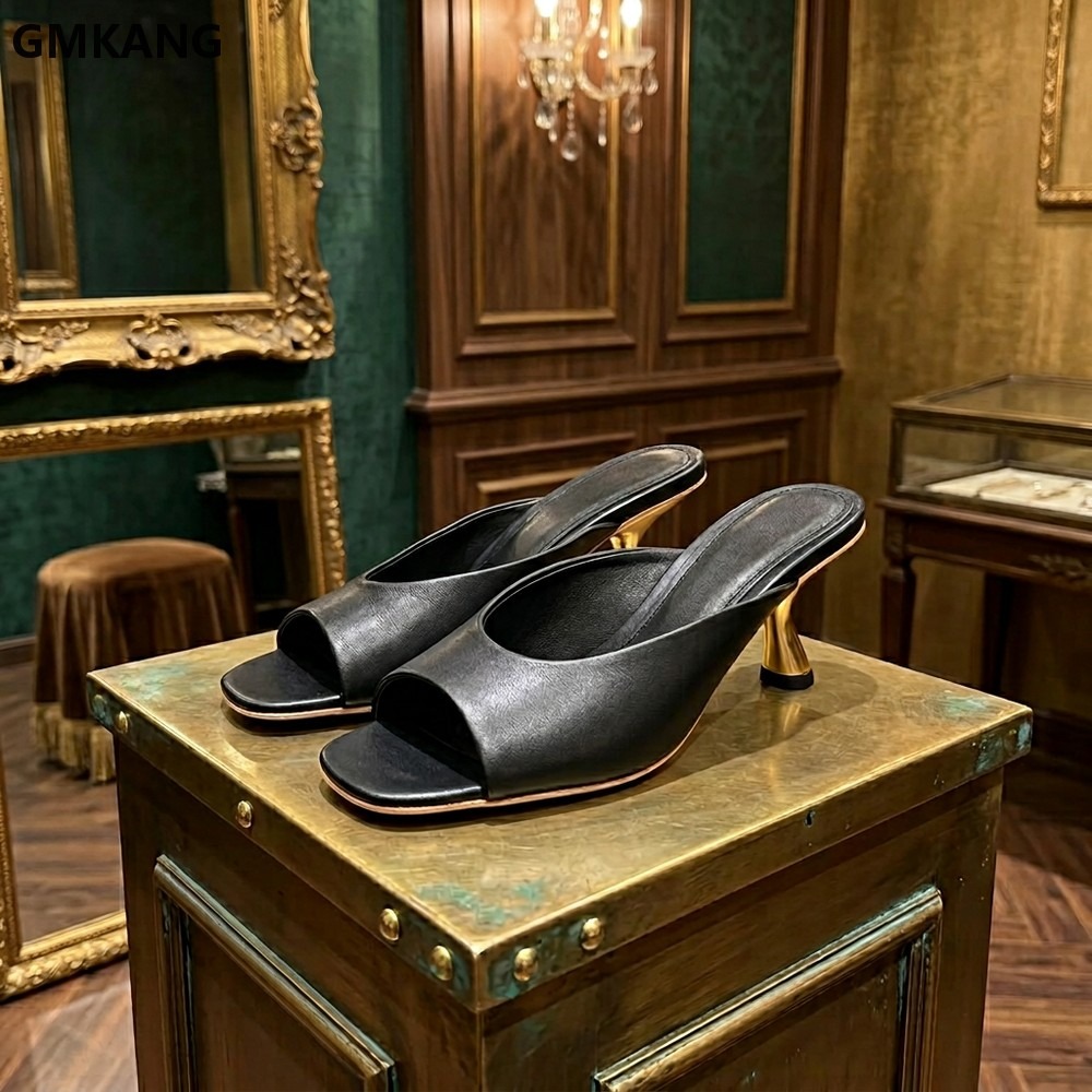 Kitten Heel Women - 女性用スクエアトゥスリッポンミュールサンダルローブロックヒールカジュアルサマードレスシューズオープンバックスライド快適なレザー