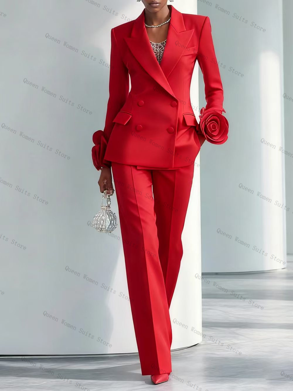 Women Formal Wear Coat - 高級レッド女性スーツセット 2 個ブレザー + パンツズボン 3D