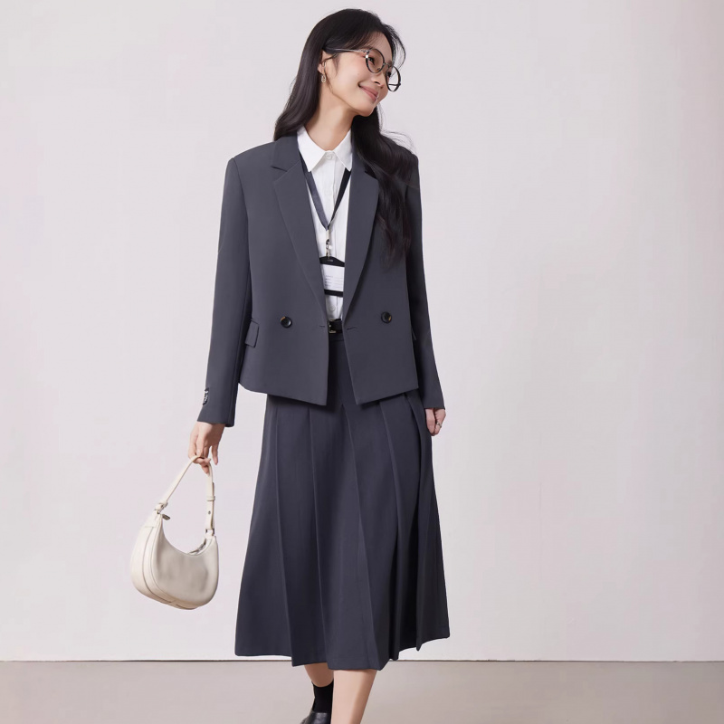 Women'S Formal Wear Petite - グレーのレディーススーツセット、春と秋に最適、小柄な女性向けの新作、カジュアル通勤、面接フォーマルウェア、プリーツスカート