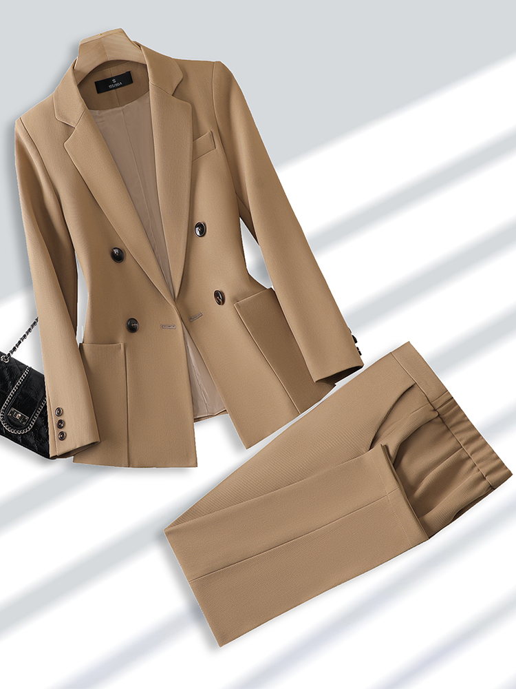 Women Formal Wear Trousers - 女性のためのブレザーとズボンのスーツ、オフィス、ビジネス、仕事のためのフォーマルなパンツスーツ、女性のファッション、ベージュ、黒、カーキ、ポケット付き2ピースセット