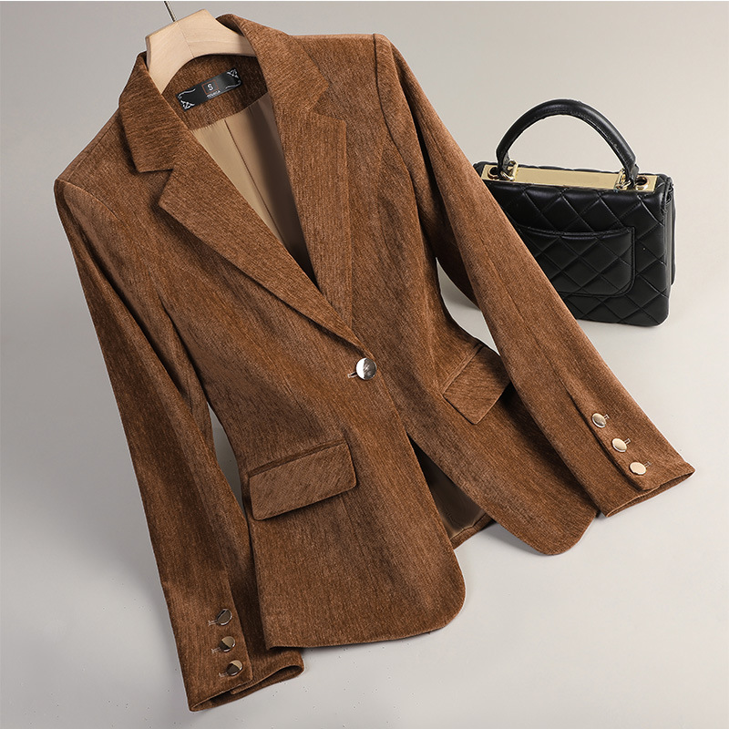 Women Formal Wear Coat - イエローゴールドベルベットブレザー女性秋冬カジュアルスーツファッションオフィスレディースブレザービジネスワークウェアフォーマルジャケットコート