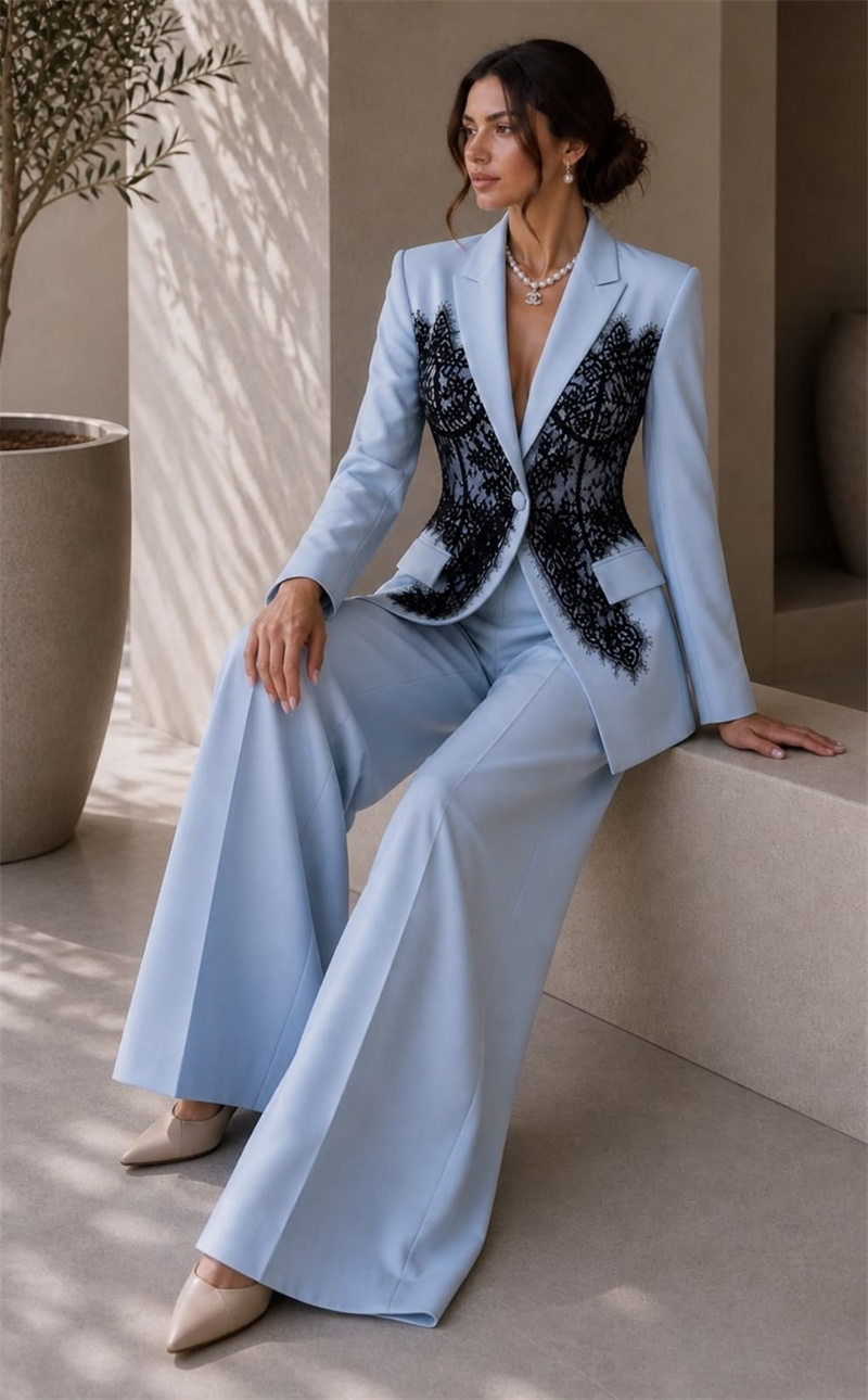 Women Formal Wear Trousers - ファッションブルー女性スーツセット 2 ピースブレザー + パンツズボンレースフォーマルカスタマイズされたオフィスレディジャケット綿結婚式ウエディングコート