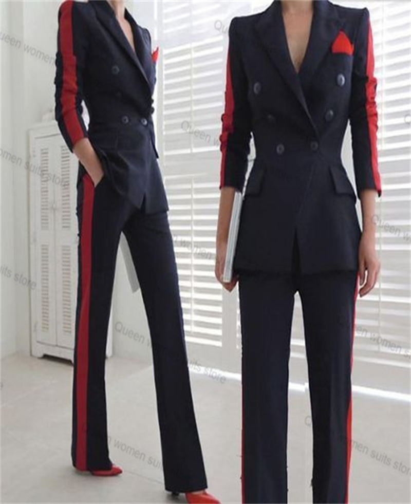 Women Formal Wear Trousers - 女性用2ピースフォーマルスーツセット,ブレザーとパンツ,ジャケット,コート,スプライシングカラー,タキシード,パンツ,カスタムメイド,赤,黒,秋