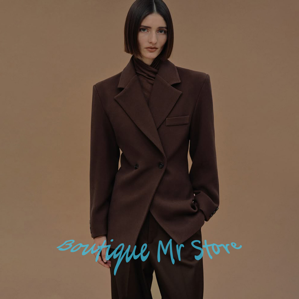 Tailored Trouser Wide - 冬用暖かいウール混紡レディースブラウン服ダブルブレストノッチラペルブレザーとトラウザーズスーツ仕立てのエレガントなセット