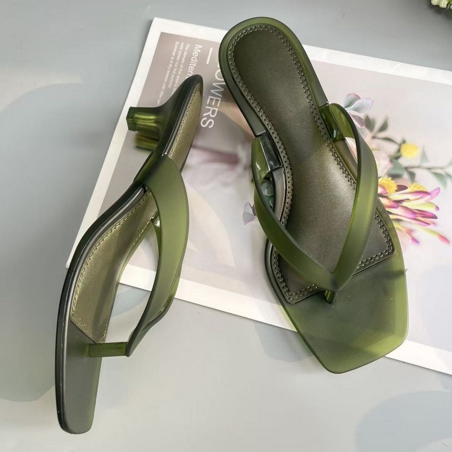 Kitten Heel Women - 韓国製ミュートトーンオリーブグリーンPVC素材のトングサンダル、女性用クリアスリムキトゥンヒールスクエアトゥバックレスシューズ、グリーンカジュアルフリップフロップ