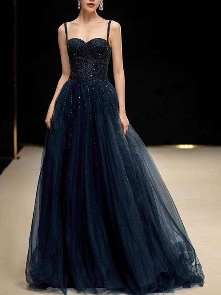 Women Formal Wear For Graduation - エレガントなプリンセスネイビーブルースパンコールスパゲッティストラップ恋人ネックラインチュールフォーマルドレス女性宴会卒業パーティー着用