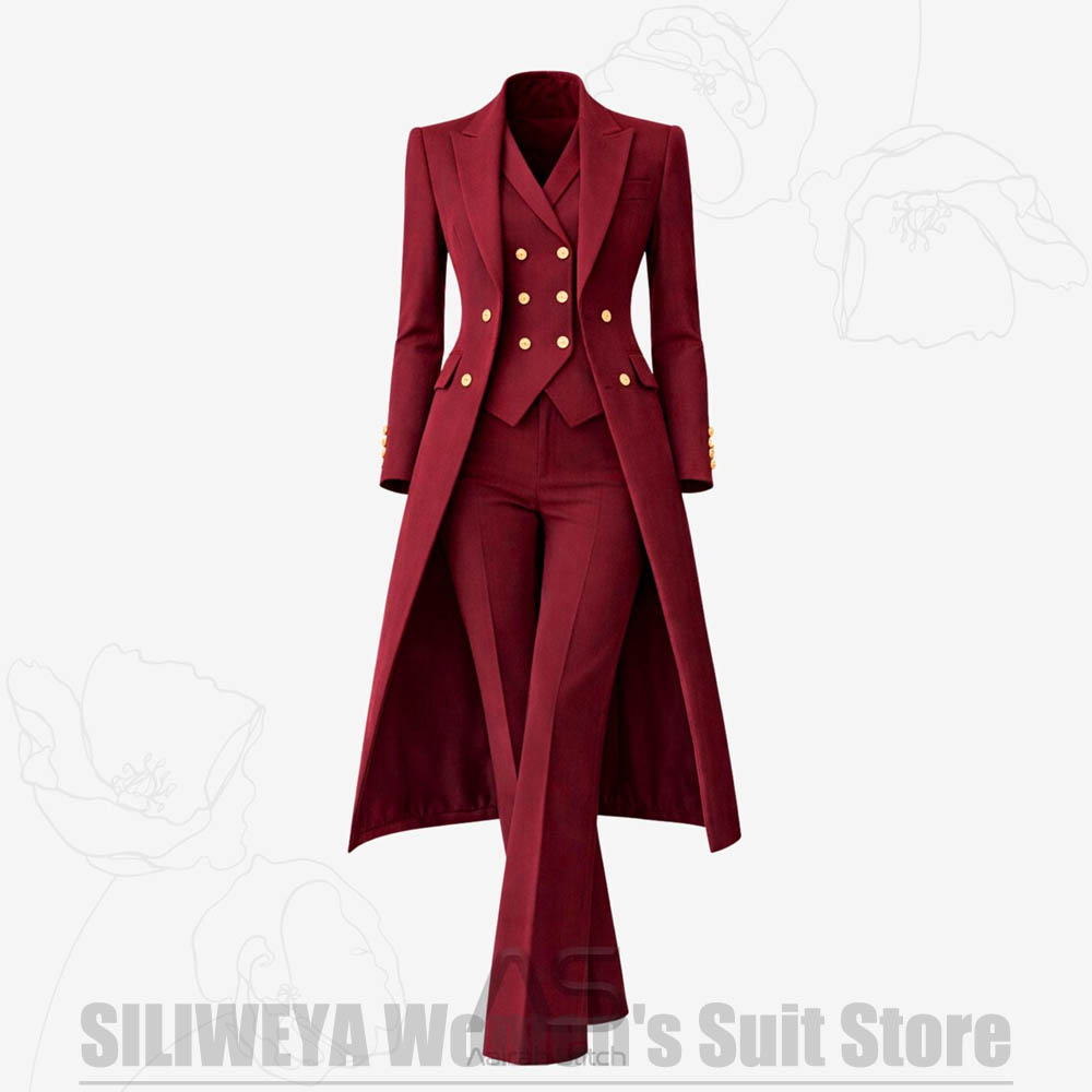 Women Formal Wear Coat - レディーススーツ 3ピース ダブルブレスト ロングコート ベスト パンツ