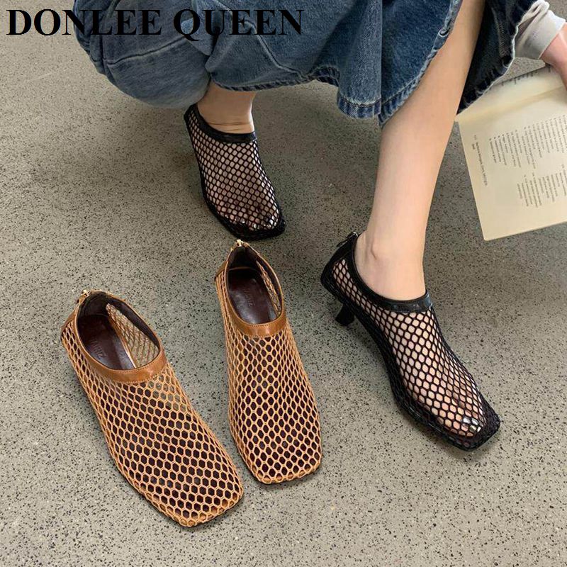 Kitten Heel Women - ヴィンテージメッシュスクエアトゥミュールサンダル、ローキトゥインヒール、中空バックジップパンプス、通気性のあるフィッシュネットトリム、カジュアルシューズ（女性用）
