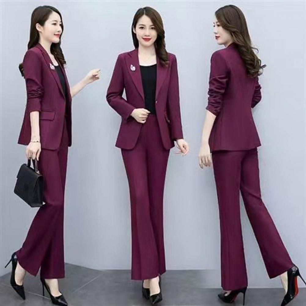 Women Formal Wear Trousers - 2点セット レディースフォーマルコートパンツセット 襟付き長袖スーツジャケット スリムフィット 無地フレアパンツ デイリーウェア