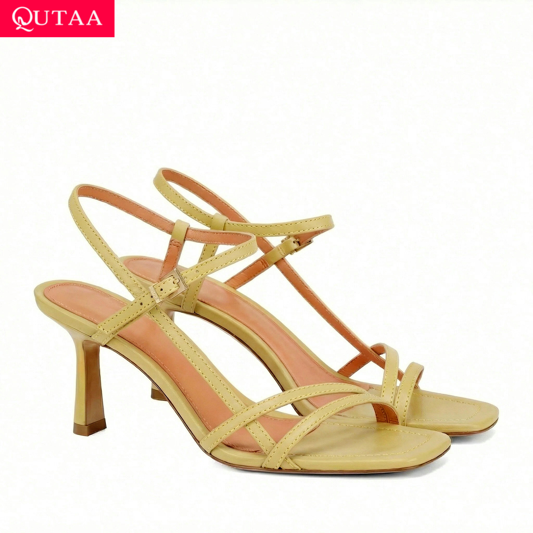 Kitten Heel Women - QUTAA ファッションハイヒールの女性の夏のサンダルパンプス靴スリングバックレザースクエアオープントゥアンクルストラップシューズドレスパーティー 34-43