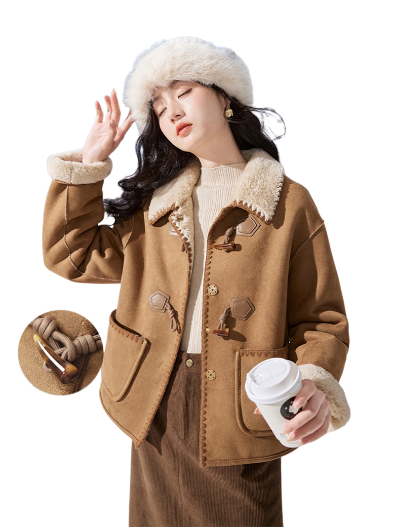 Women'S Formal Wear Petite - レディース冬用スエードショートコート、2025年新作、小柄な女性向け、フェイクファー一体型