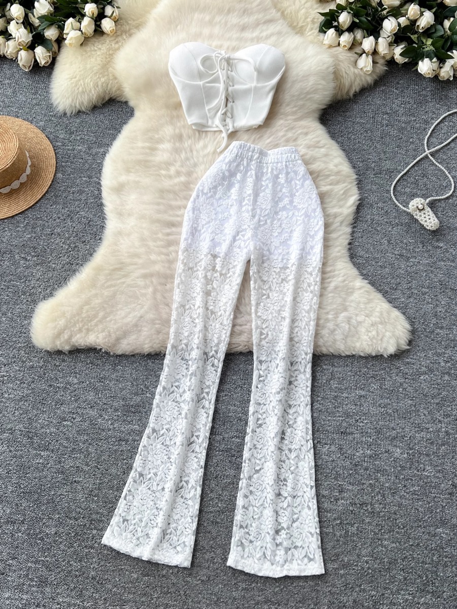 Women Formal Wear Trousers - Foamlina アメリカ Ins 女性のセクシーなストラップノースリーブチューブトップタイトベストキャミソール + ハイウエストヒップラップレーススラックスズボンパンツ