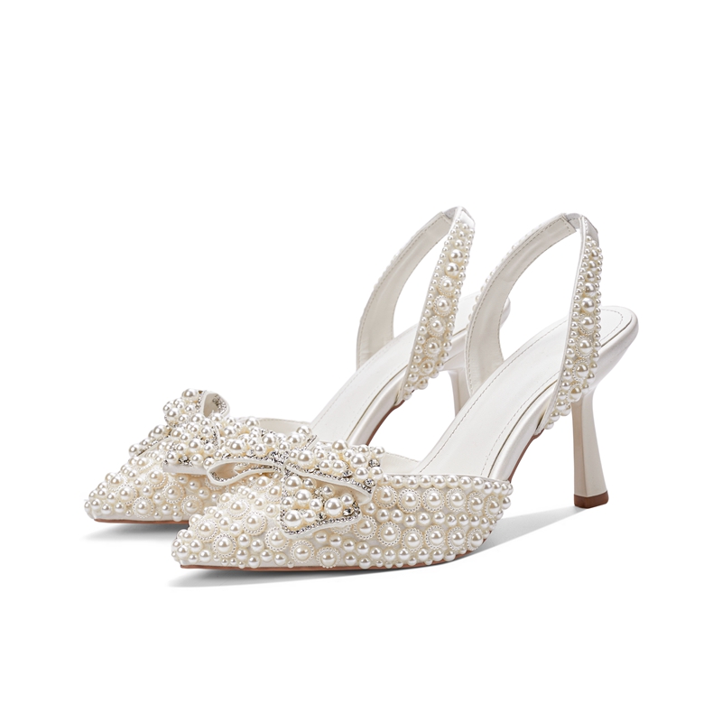 女性の新しい夏のポインテッドパールボウスタースタイルハイヒー - Kitten Heel Women のレビューと価格