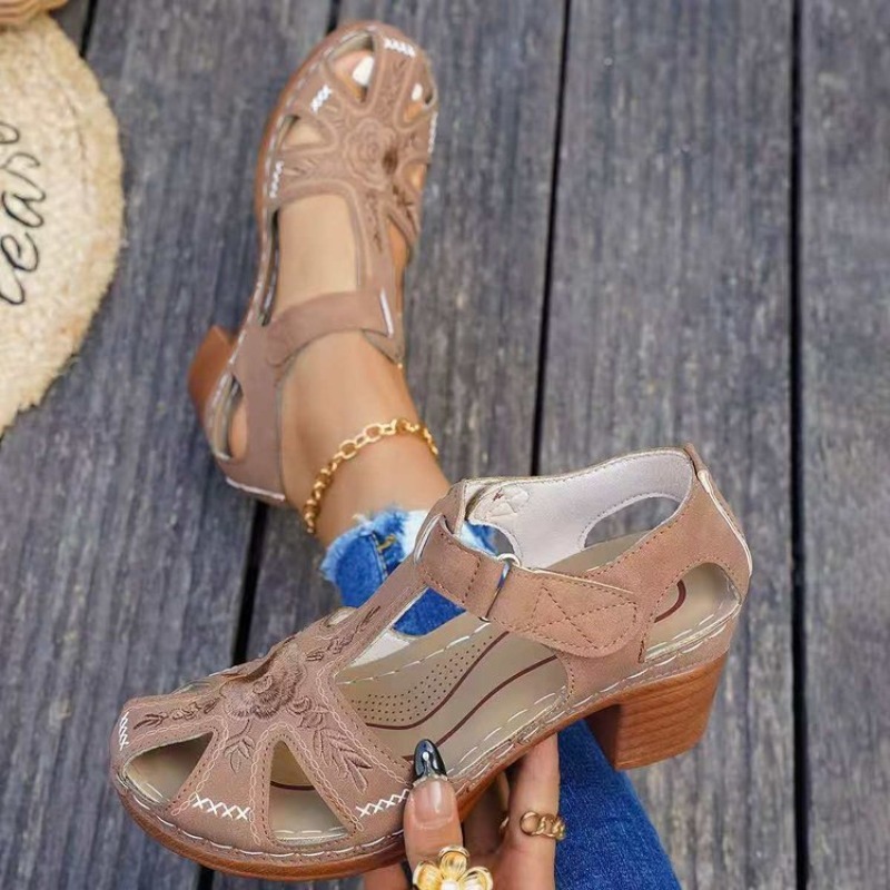 女性用サンダル ミッドブロックヒール 花柄刺繍 カットアウト - Formal Women Daily Wear Footwear のレビューと価格