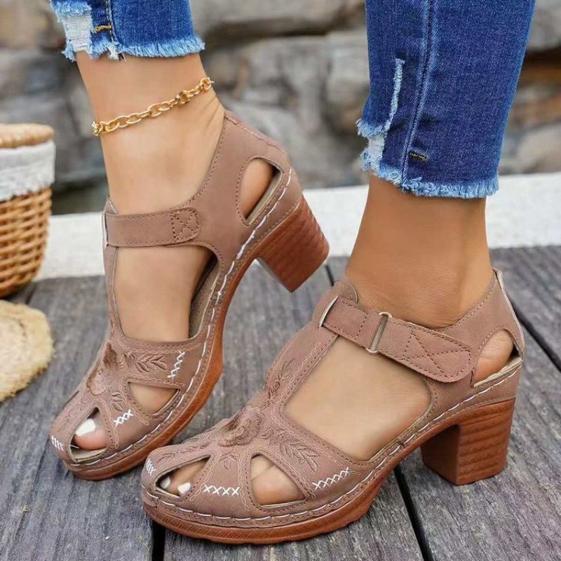 女性用サンダル ミッドブロックヒール 花柄刺繍 カットアウト - Formal Women Daily Wear Footwear のレビューと価格