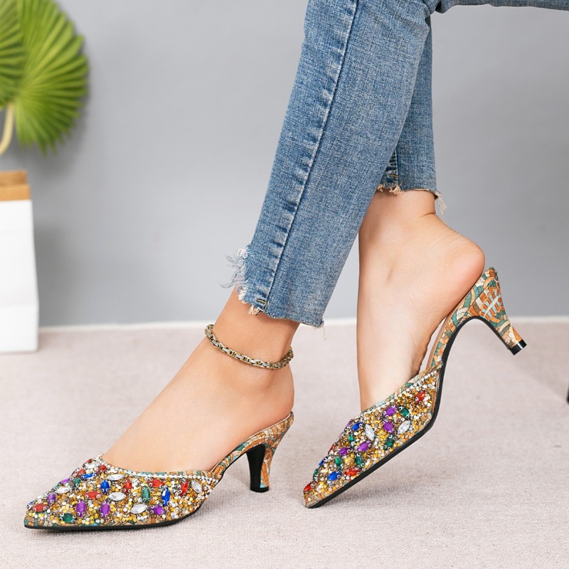 高級ラインストーン付きキトゥンヒールスリッパ、レディースポイ - Kitten Heel Women のレビューと価格