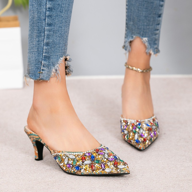 高級ラインストーン付きキトゥンヒールスリッパ、レディースポイ - Kitten Heel Women のレビューと価格