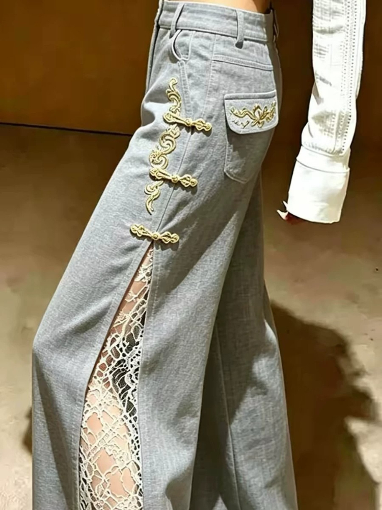 仕立ての良いグレーのエレガントなハイウエストレースパッチワー - Tailored Trouser Wide のレビューと価格
