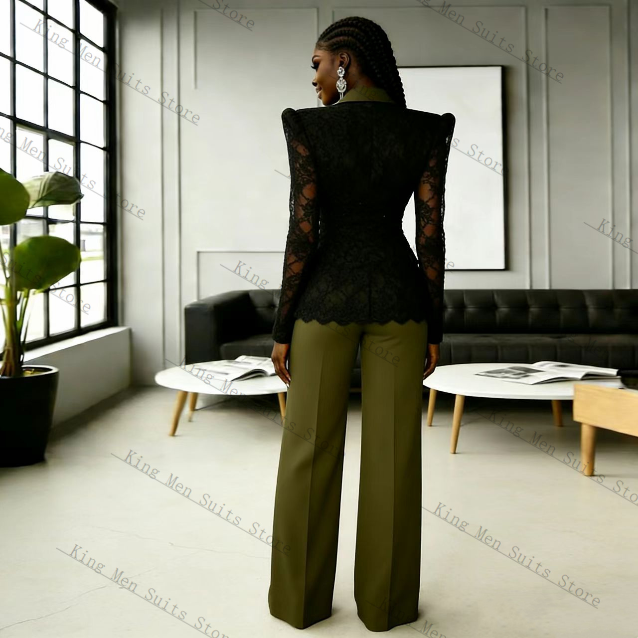 グリーンブラックレース女性スーツセット 2 個ブレザー +  - Women Formal Wear Coat のレビューと価格