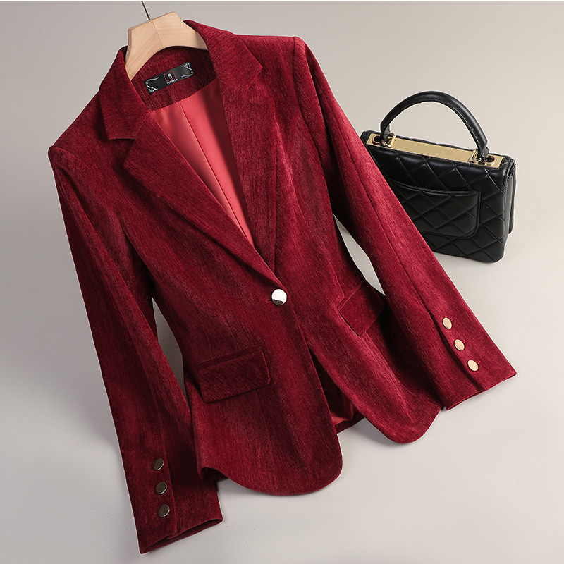 イエローゴールドベルベットブレザー女性秋冬カジュアルスーツフ - Women Formal Wear Coat のレビューと価格