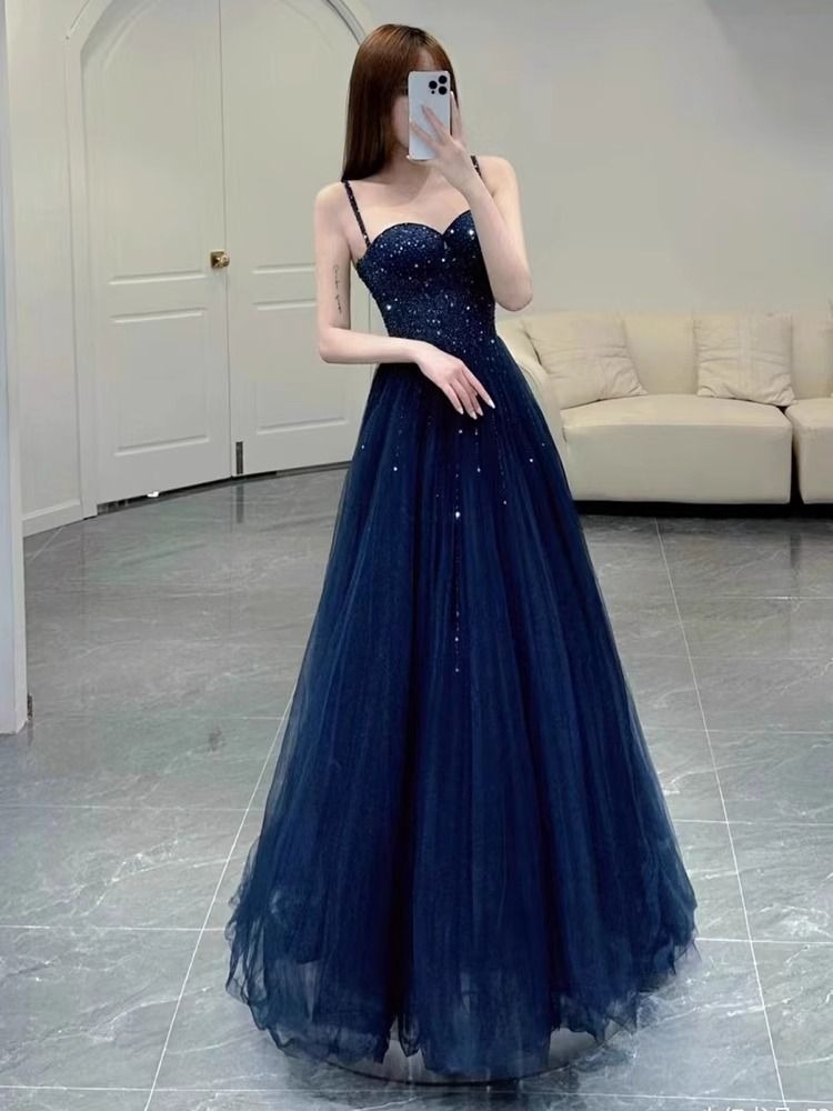 エレガントなプリンセスネイビーブルースパンコールスパゲッティ - Women Formal Wear For Graduation のレビューと価格