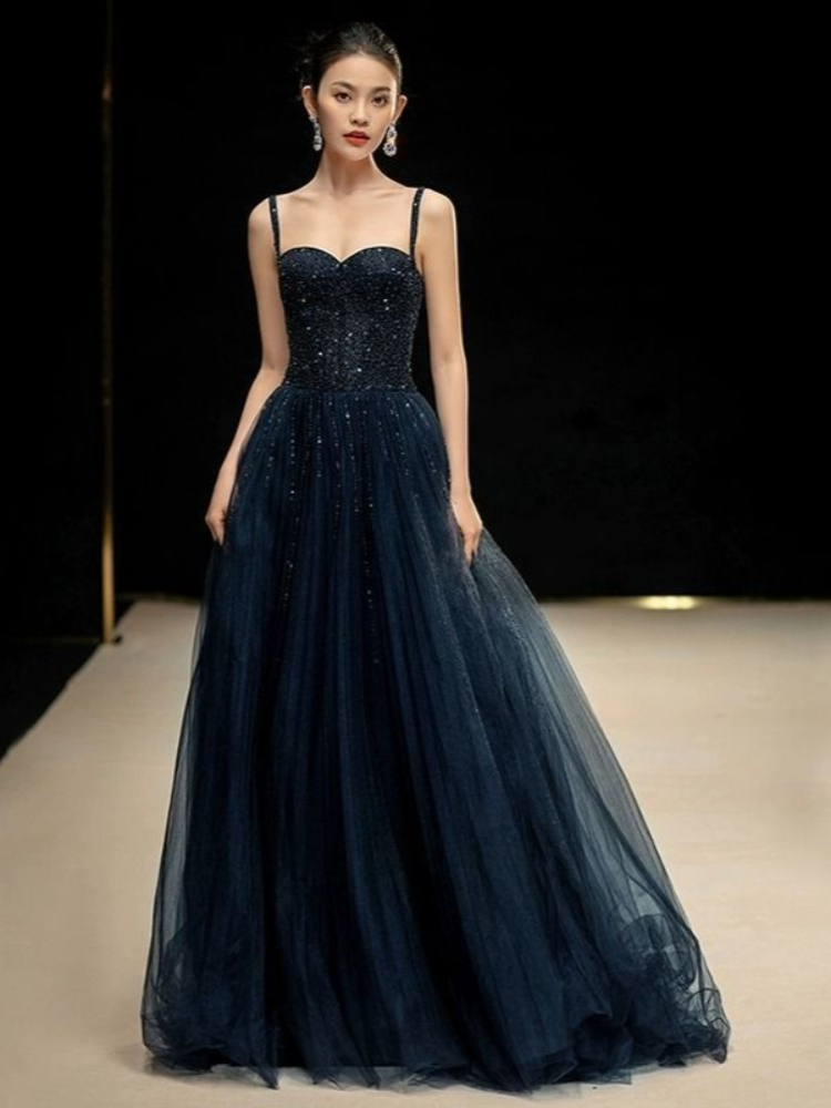 エレガントなプリンセスネイビーブルースパンコールスパゲッティ - Women Formal Wear For Graduation のレビューと価格
