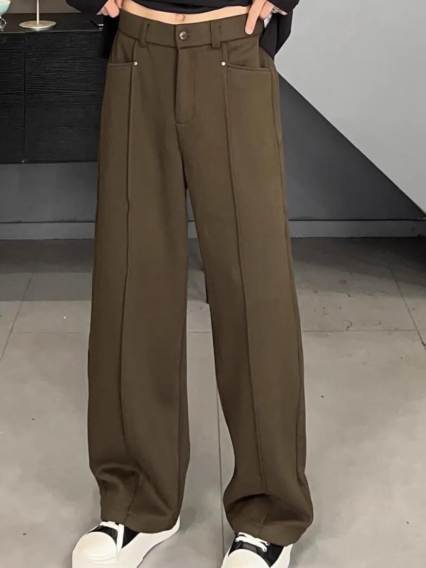 韓国スタイルカジュアルパンツドレープワイドレッグハイウエスト - Tailored Trouser Wide のレビューと価格
